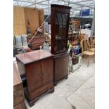 A MAHOGANY AND INLAID TV CABINET AND SIMILAR CORNER CUPBOARD