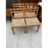 FOUR PINE DINING CHAIRS WITH RUSH SEATS