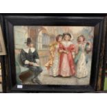 A LARGE WOODEN FRAMED PRINT OF A TUDOR STYLE STREET SCENE