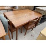 A RETRO TEAK DRAW-LEAF DINING TABLE, 49" (88" EXTENDED)x33.5", TOGETHER WITH FOUR CHAIRS