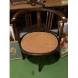 A BOW BACKED WOODEN BEDROOM/BATHROOM CHAIR WITH AN UPHOLSTERED SEAT