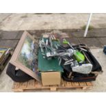 AN ASSORTMENT OF HOUSEHOLD CLEARANCE ITEMS TO INCLUDE CHROME LIGHT FITTINGS, SUITCASES AND A LARGE