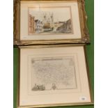 A FRAMED WATERCOLOUR OF CENTRAL LINCOLN AND A FRAMED MAP OF BRISTOL AND BATH