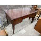 A 19TH CENTURY STYLE MAHOGANY AND INLAID KNEEHOLE DESK ENCLOSING FIVE DRAWERS, 52" WIDE