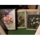 FOUR FRAMED OIL ON BOARD FLORAL PAINTINGS AND A FRAMED PRINT OF SWEET PEAS