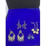 FOUR PAIRS OF LARGE SILVER DROP EARRINGS