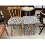 A MODERN KITCHEN STOOL AND THREE DRAWER CHEST BOTH WITH APPLIED CARTOON DECORATION