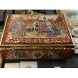 A LARGE ORNATE METAL GERMAN BISCUIT TIN - HEIGHT 16CMS WIDTH 42CMS