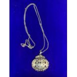 A SILVER CHAIN MARKED STERLING AND AN ORNATE DOUBLE SIDED PENDANT WITH A PRESENTATION BOX