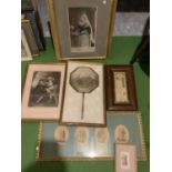 FIVE ASSORTED PRINTS AND A FURTHER FRAMED VINTAGE EMBROIDERED FAN