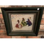 A FRAMED NEEDLEWORK PICTURE DEPICTING THREE GIRLS