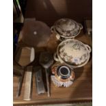A DRESSING TABLE SET, COLOURED GLASSWARE AND A PAIR OF MASON'S LIDDED SERVING DISHES