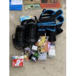 AN ASSORTMENT OF ITEMS TO INCLUDE A TOOL BELT AND LIGHT BULBS ETC