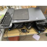 A LARGE COLLECTION OF COMOUTER ITEMS TO INCLUDE KEYBOARDS, HAEDPHONES AND A MONIOTR ETC