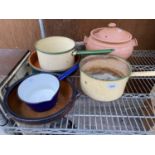 A COLLECTION OF ENAMEL PANS, A TERRACOTTA COOKING POT AND TWO FURTHER DISHES