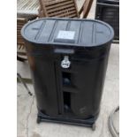 A LARGE BLACK PLASTIC PET FOOD STORAGE BIN ON WHEELS