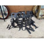 A LARGE COLLECTION OF BLACK PLASTIC SIGN MAKING LETTERS TO ALSO INCLUDE NUMBERS