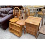 A MODERN PINE BEDSIDE LOCKER, PAIR OF KITCHEN CHAIRS AND AN OPEN TWO TIER BOOKSHELF