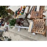 A LARGE QUANTITY OF ITEMS TO INCLUDE BAR STOOL, VINTAGE STEP LADDER, LARGE WOODEN GARDEN BENCH BASE,