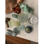 AN ASSORTMENT OF ITEMS TO INCLUDE VARIOUS COLOURED GLASS PAPERWEIGHTS AND TWO SYLVAC STYLE ORNAMENTS