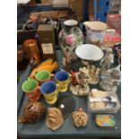 AN ASSORTMENT OF VARIOUS ITEMS TO INCLUDE A CERAMIC HEDGEHOG MONEY BOX, FIGURINES ETC