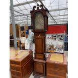 A W HERON, NEWCASTLE INLAID MAHOGANY AND OAK EIGHT DAY LONG CASE CLOCK WITH FILIGREE BRASS FACE