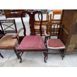 A QUEEN ANNE STYLE ELBOW CHAIR AND MAHOGANY AND INLAID EDWARDIAN BEDROOM CHAIR