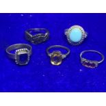 FIVE ASSORTED SILVER AND STONE RINGS