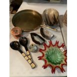 AN ASSORTMENT OF MIXED ITEMS TO INCLUDE LARGE COPPER PAN, AMETHYST CRYSTAL BOOK ENDS, SERVERS ETC