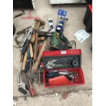 AN ASSORTMENT OF HAND TOOLS TO INCLUDE A BOSCH JIGSAW, FOOT PUMP, SPIRIT LEVEL AND TOOL BOX ETC