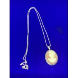 A SILVER CHAIN MARKED 925 WITH A CAMEO PENDANT IN A PRESENTATION BOX