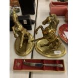 A PAIR OF BRASS REARING HORSES ON PLINTHS AND A INKERMAN SHEFFIELD CHEESE KNIFE