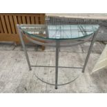 A METALWARE AND GLASS CONSOLE TABLE, 42" WIDE