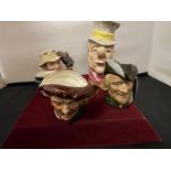 FOUR SMALL CHARACTER ROYAL DOULTON JUGS AND A PALL WARE JUG