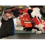 A QUANTITY OF MANCHESTER UNITED FOOTBALL CLOTHING TO INCLUDE TWO SCARVES