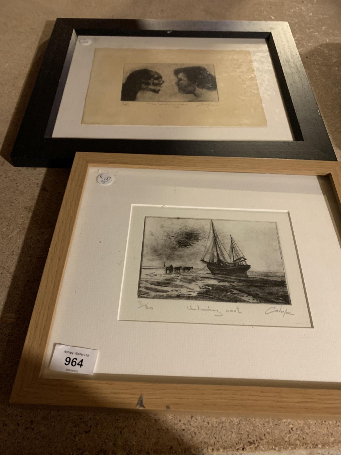 A PAIR OF SIGNED AND FRAMED LIMITED EDITION CHARCOAL PRINTS 'UNLOADING COAL' AND 'THE WAITING ROOM'