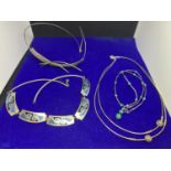 FOUR SILVER CHOCKER STYLE NECKLACES TO INCLUDE A MEXICAN DESIGN, ABSTRACT ETC