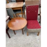 A RETRO ROUND TEAK OCCASIONAL TABLE 24" DIAMETER, TOGETHER WITH AN UPHOLSTERED CHAIR