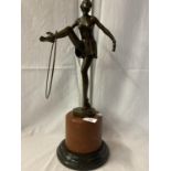 A BRONZE FIGURINE IN THE FORM OF AN ART DECO DANCER ON A MARBLE BASE SIGNED D ALONZO HEIGHT 49CM