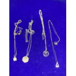 FOUR ASSORTED SILVER NECKLACES WITH PENDANTS TO INCLUDE STONE AND ST CHRISTOPHER