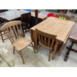 A PINE DROP-LEAF KITCHEN TABLE AND THREE CHAIRS