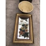 A GILT FRAMED PAINTING ON A MIRROR BACKGROUND WITH A LARGE CERAMIC PLANT POT