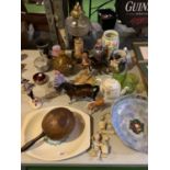 AN ASSORTMENT OF MIXED ITEMS TO INCLUDE CERAMICS, OIL LAMP, FIGURINES ETC
