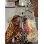 A VINTAGE CUT GLASS DRESSING TABLE SET AND VASE AND A NUMBER OF LADIES SCARVES AND A SILVER PLATED