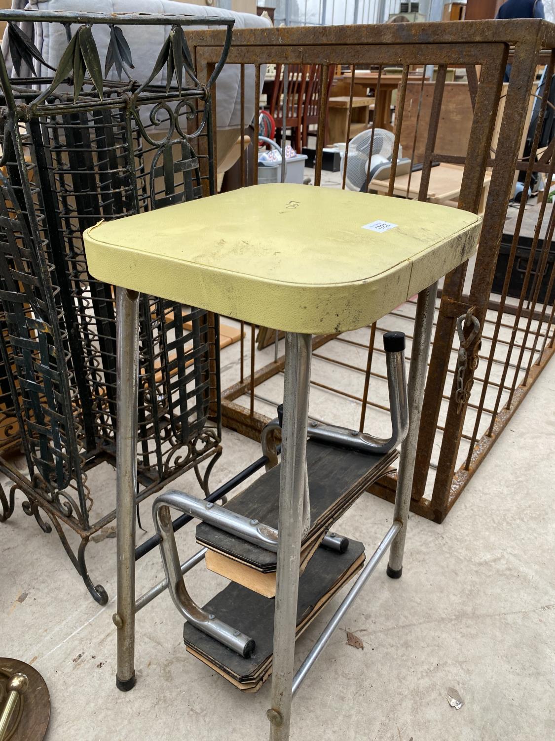 A VINTAGE KITCHEN STOOL WITH STEPS AND A VINTAGE METAL CD RACK - Image 2 of 5