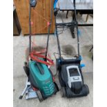 TWO ELECTRIC LAWNMOWERS - A BOSCH AND A MACALISTER AND AN ALLOY BUILDER'S PLATFORM