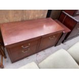 AN INLAID MAHOGANY MAGAZINE RACK TABLE AND A MAHOGANY EFFECT CABINET WITH ONE DOOR AND TWO DRAWERS