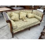 A 19TH CENTURY CONTINENTAL SCROLL END COUCH WITH FOLIATE DECORATION TO SUPPORTS AND ARMS, 81"