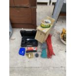 AN ASSORTMENT OF ITEMS TO INCLUDE A BLACK AND DECKER DRILL, AN AXE AND A BIRD BOX ETC