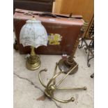 VARIOUS ITEMS TO INCLUDE A VINTAGE SUITCASE, COAT HOOK AND TWO FURTHER TABLE LAMPS